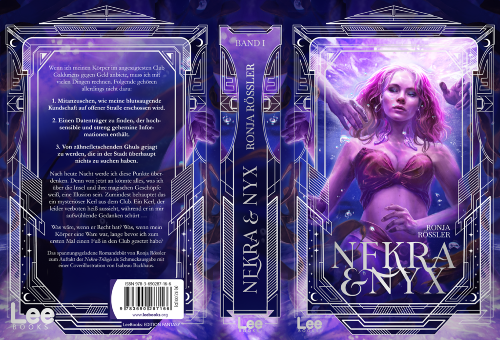 Buch-Einband von Nekra & Nyx von Ronja Rössler (leebooks: Verlag). Der Einband ist in lila-blau Töne gehalten und darauf ist eine Frau im Bikini unter Wasser illustriert.